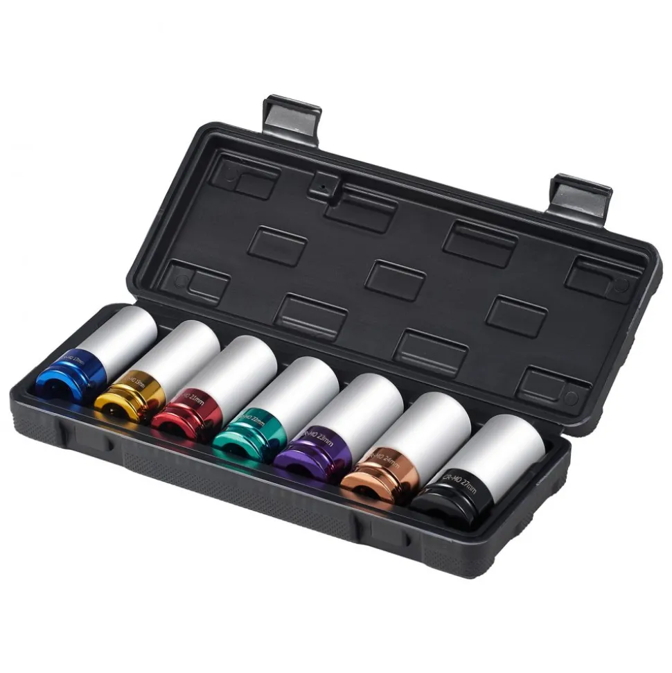 VEVOR Lug Nut Impact Socket Set, 1/2 inch Drive Metric 6-Point Deep Socket Set, 7 Total Lug Nut Sizes 17/19/21/22/23/24/27mm, CR-MO Steel Wheel Socket Set with Storage Case, for Auto Repair