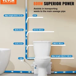 VEVOR Macerating Toilet System with Powerful 800W Macerator Pump, Rear Discharge and Upflush Toilet For Basement, Dual Flush Water Disposal, Macerating Toilet System Kit with 4-Inlet, Space Saving