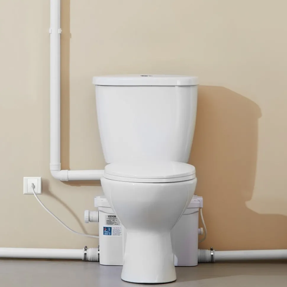 VEVOR Macerating Toilet System with Powerful 800W Macerator Pump, Rear Discharge and Upflush Toilet For Basement, Dual Flush Water Disposal, Macerating Toilet System Kit with 4-Inlet, Space Saving