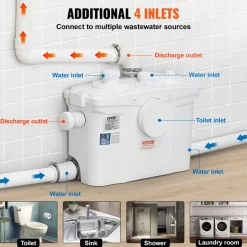 VEVOR Macerating Toilet System with Powerful 800W Macerator Pump, Rear Discharge and Upflush Toilet For Basement, Dual Flush Water Disposal, Macerating Toilet System Kit with 4-Inlet, Space Saving