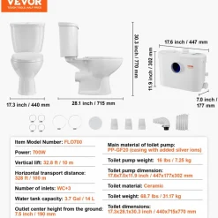 VEVOR Macerating Toilet System with Powerful 700W Macerator Pump, Rear Discharge and Upflush Toilet For Basement, Dual Flush Water Disposal, Macerating Toilet System Kit with 3-Inlet, Space Saving