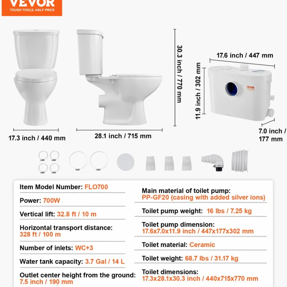 VEVOR Macerating Toilet System with Powerful 700W Macerator Pump, Rear Discharge and Upflush Toilet For Basement, Dual Flush Water Disposal, Macerating Toilet System Kit with 3-Inlet, Space Saving