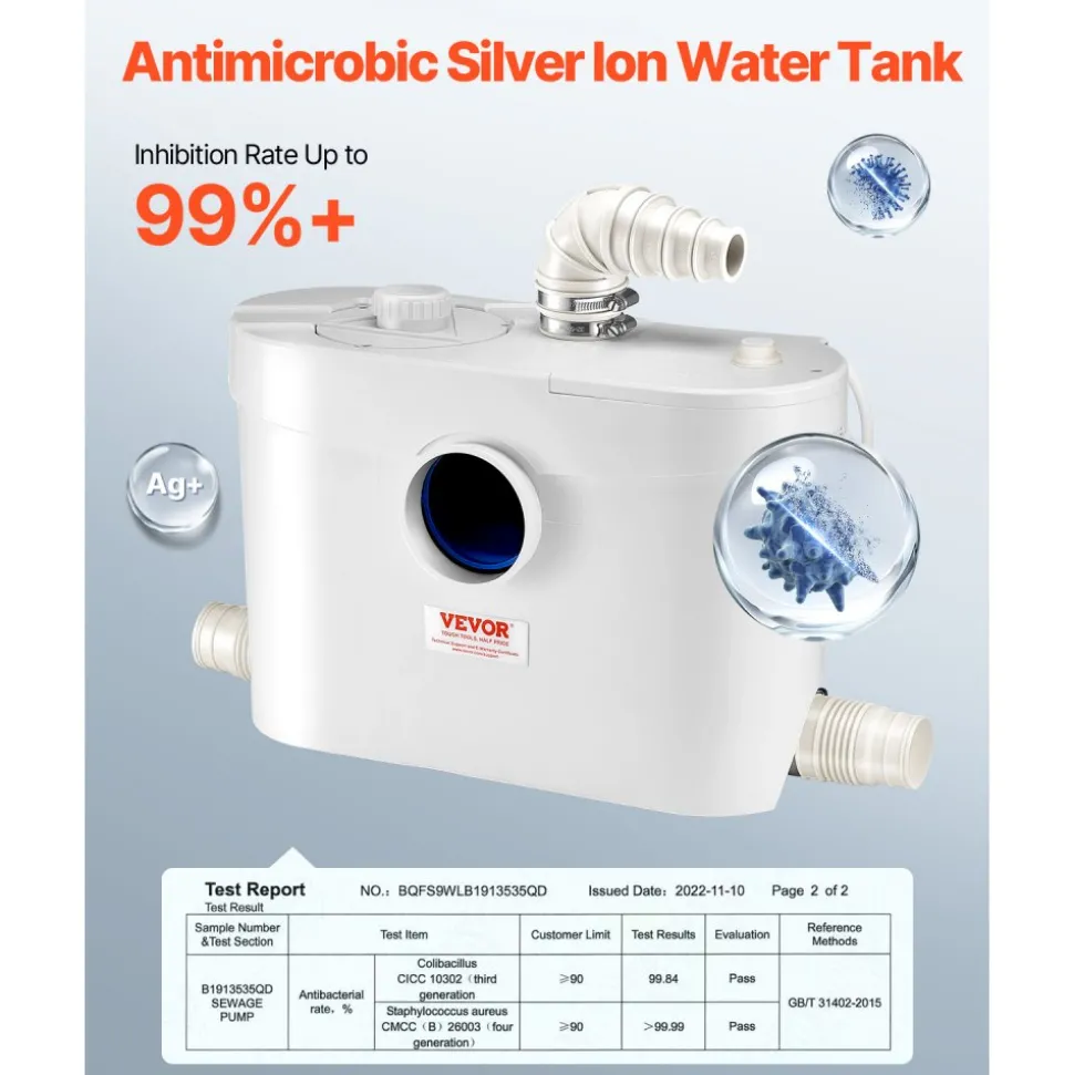 VEVOR Macerator Pump, 900W, 48 GPM Flow, 40 ft/12 m Head, Macerator Sewerage Toilet Pump with 4 Water Inlets, Waste Water Disposal Upflush Machine for Toilet, Basement, Shower, Sink, Laundry, Bathtub