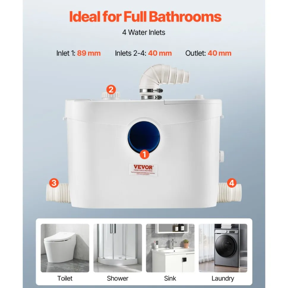VEVOR Macerator Pump, 900W, 48 GPM Flow, 40 ft/12 m Head, Macerator Sewerage Toilet Pump with 4 Water Inlets, Waste Water Disposal Upflush Machine for Toilet, Basement, Shower, Sink, Laundry, Bathtub
