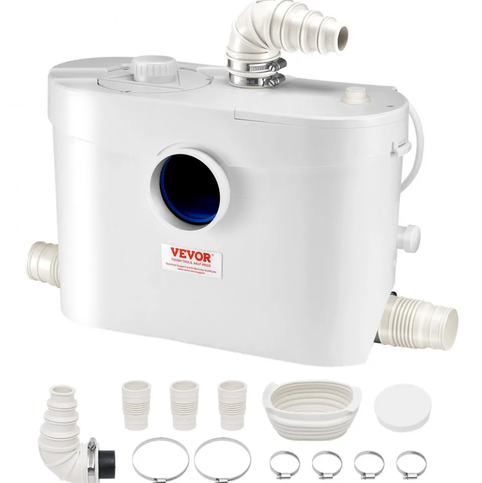 VEVOR Macerator Pump, 900W, 48 GPM Flow, 40 ft/12 m Head, Macerator Sewerage Toilet Pump with 4 Water Inlets, Waste Water Disposal Upflush Machine for Toilet, Basement, Shower, Sink, Laundry, Bathtub