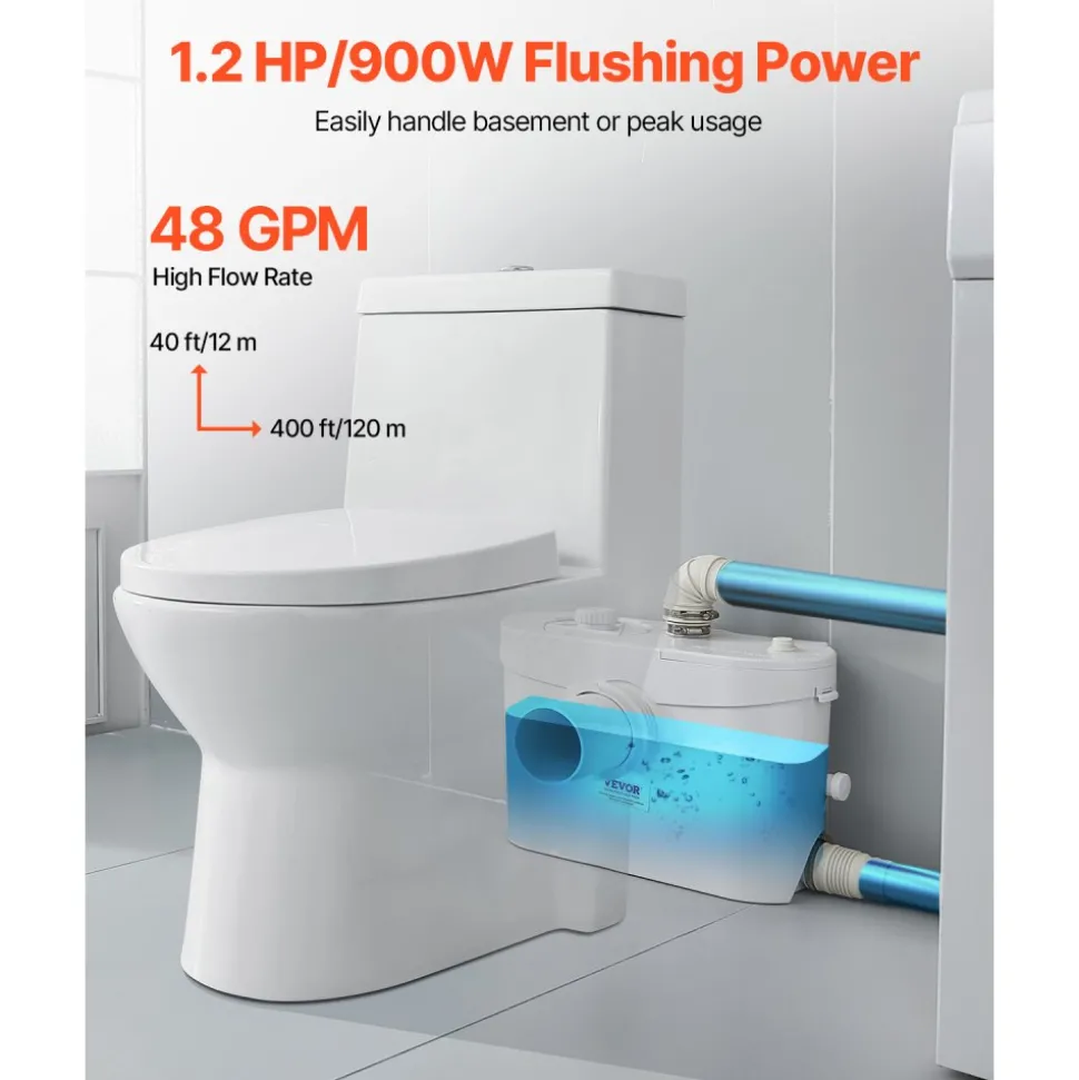 VEVOR Macerator Pump, 900W, 48 GPM Flow, 40 ft/12 m Head, Macerator Sewerage Toilet Pump with 4 Water Inlets, Waste Water Disposal Upflush Machine for Toilet, Basement, Shower, Sink, Laundry, Bathtub