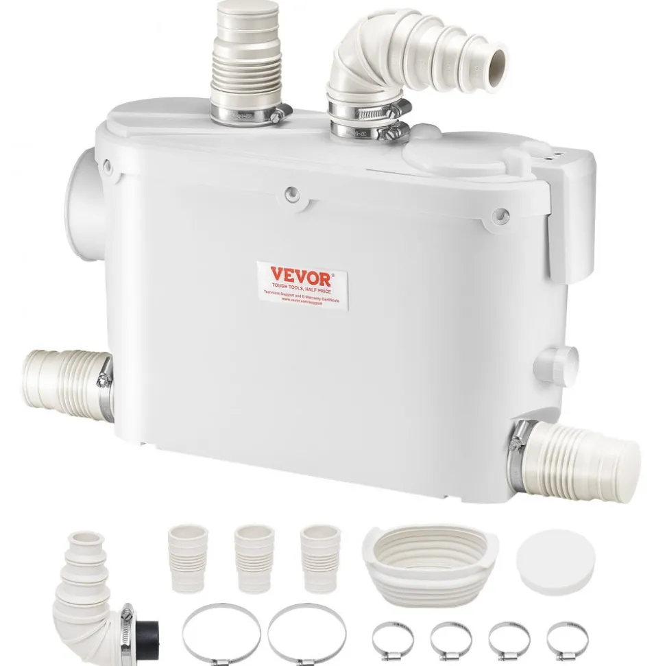 VEVOR Macerator Pump, 500W, 29 GPM Flow, 26 ft/8 m Head, Macerator Wall-Hung Toilet Pump with 4 Water Inlets, Waste Water Disposal Upflush Machine for Toilet, Basement, Shower, Sink, Laundry, Bathtub