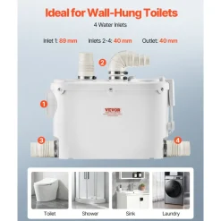 VEVOR Macerator Pump, 500W, 29 GPM Flow, 26 ft/8 m Head, Macerator Wall-Hung Toilet Pump with 4 Water Inlets, Waste Water Disposal Upflush Machine for Toilet, Basement, Shower, Sink, Laundry, Bathtub