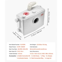 VEVOR Macerator Pump, 1200W, 48 GPM Flow, 33 ft/10 m Head, Macerator Sewerage Toilet Pump with 4 Water Inlets, Waste Water Disposal Upflush Machine for Toilet, Basement, Shower, Sink, Laundry, Bathtub