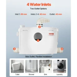VEVOR Macerator Pump, 1200W, 48 GPM Flow, 33 ft/10 m Head, Macerator Sewerage Toilet Pump with 4 Water Inlets, Waste Water Disposal Upflush Machine for Toilet, Basement, Shower, Sink, Laundry, Bathtub