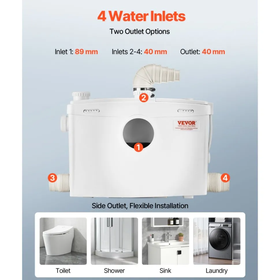 VEVOR Macerator Pump, 1200W, 48 GPM Flow, 33 ft/10 m Head, Macerator Sewerage Toilet Pump with 4 Water Inlets, Waste Water Disposal Upflush Machine for Toilet, Basement, Shower, Sink, Laundry, Bathtub