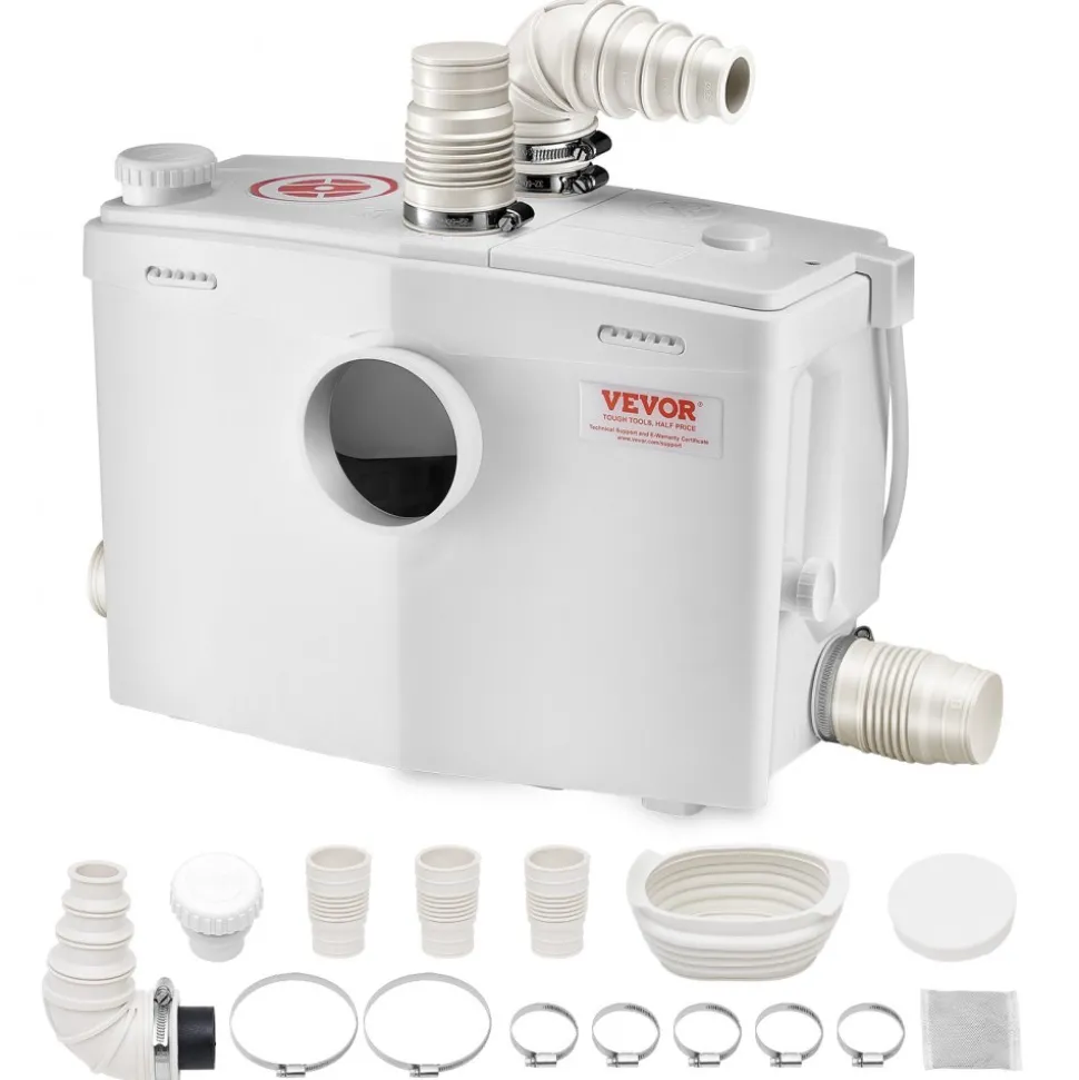 VEVOR Macerator Pump, 1200W, 48 GPM Flow, 33 ft/10 m Head, Macerator Sewerage Toilet Pump with 4 Water Inlets, Waste Water Disposal Upflush Machine for Toilet, Basement, Shower, Sink, Laundry, Bathtub