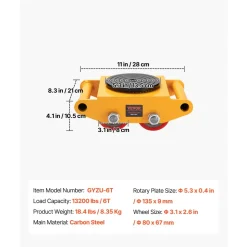 VEVOR Machinery Skate Dolly, 13,200 LBS/6T Industrial Machinery Mover, Heavy Duty Carbon Steel Machinery Moving Skate with 4 PU Wheels and 360° Rotation Non-Slip Cap for Warehouse, Workshop, Factory