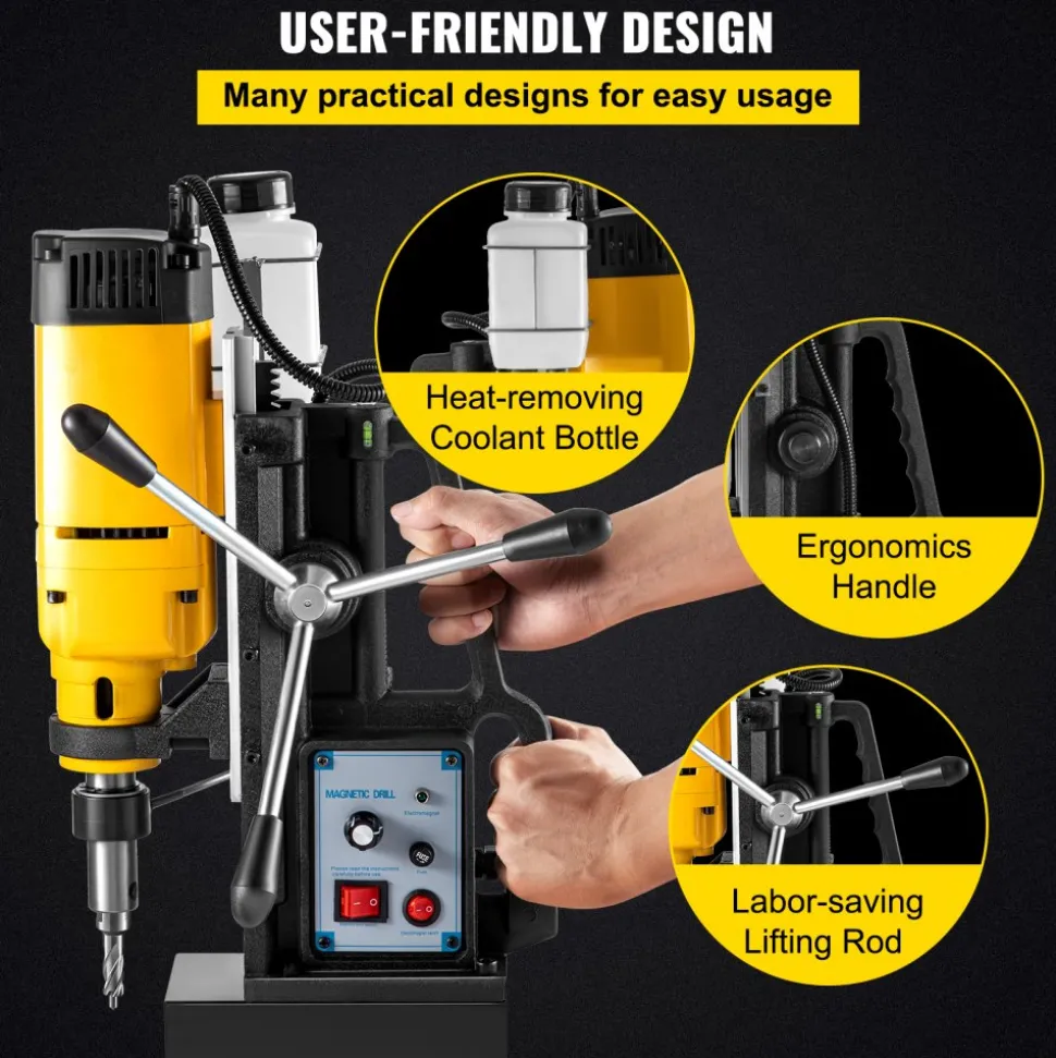 VEVOR Mag Drill, 0-300 RPM Stepless Speed Electromagnetic Drill Press, 2" Depth 2" Dia Magnetic Core Drill, 2922lbf Boring Tool Drill Press, 1680 Watts Drill Press, Yellow and Black Drill Machine