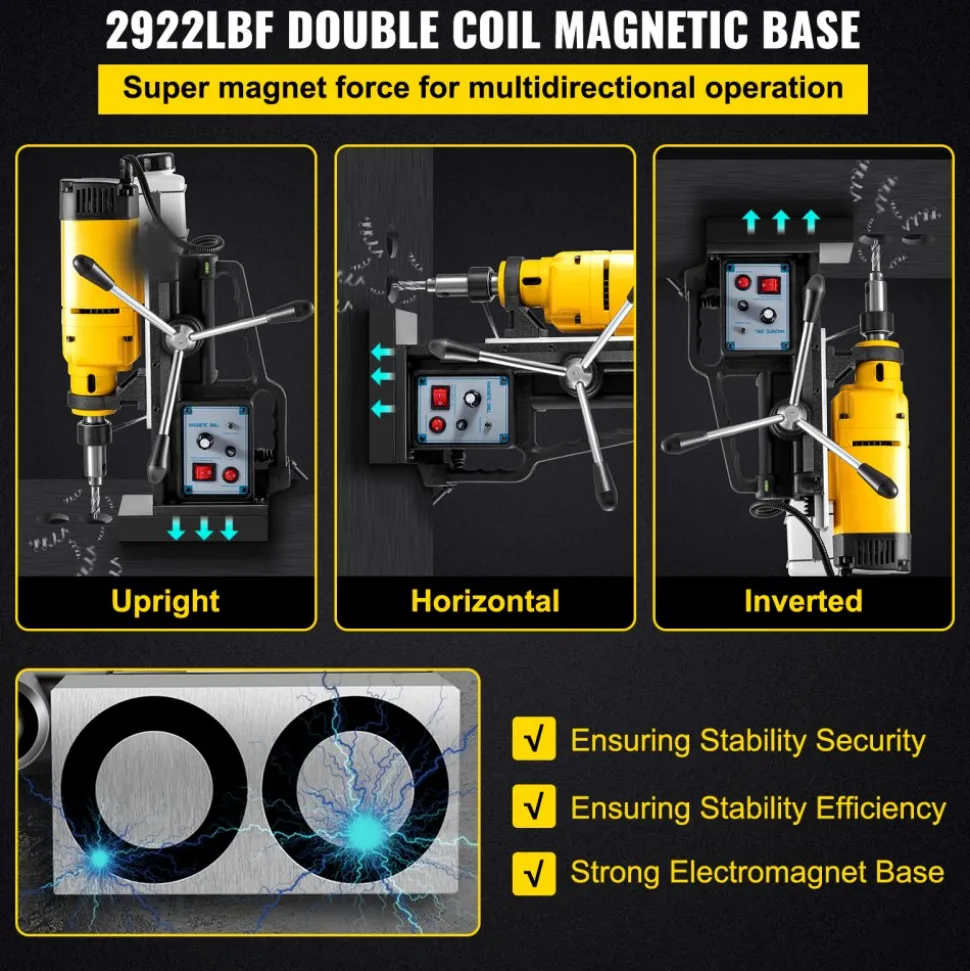 VEVOR Mag Drill, 0-300 RPM Stepless Speed Electromagnetic Drill Press, 2" Depth 2" Dia Magnetic Core Drill, 2922lbf Boring Tool Drill Press, 1680 Watts Drill Press, Yellow and Black Drill Machine