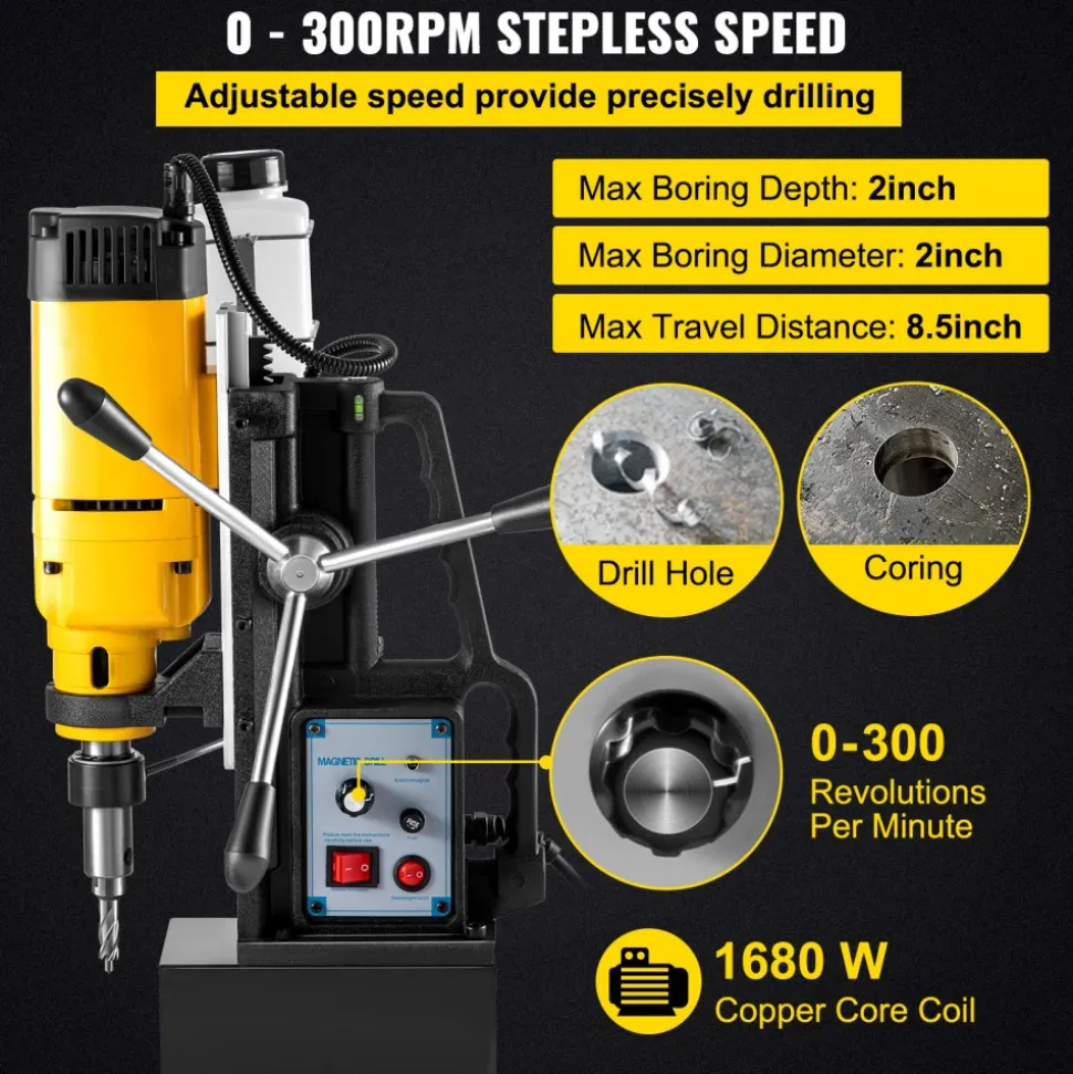 VEVOR Mag Drill, 0-300 RPM Stepless Speed Electromagnetic Drill Press, 2" Depth 2" Dia Magnetic Core Drill, 2922lbf Boring Tool Drill Press, 1680 Watts Drill Press, Yellow and Black Drill Machine