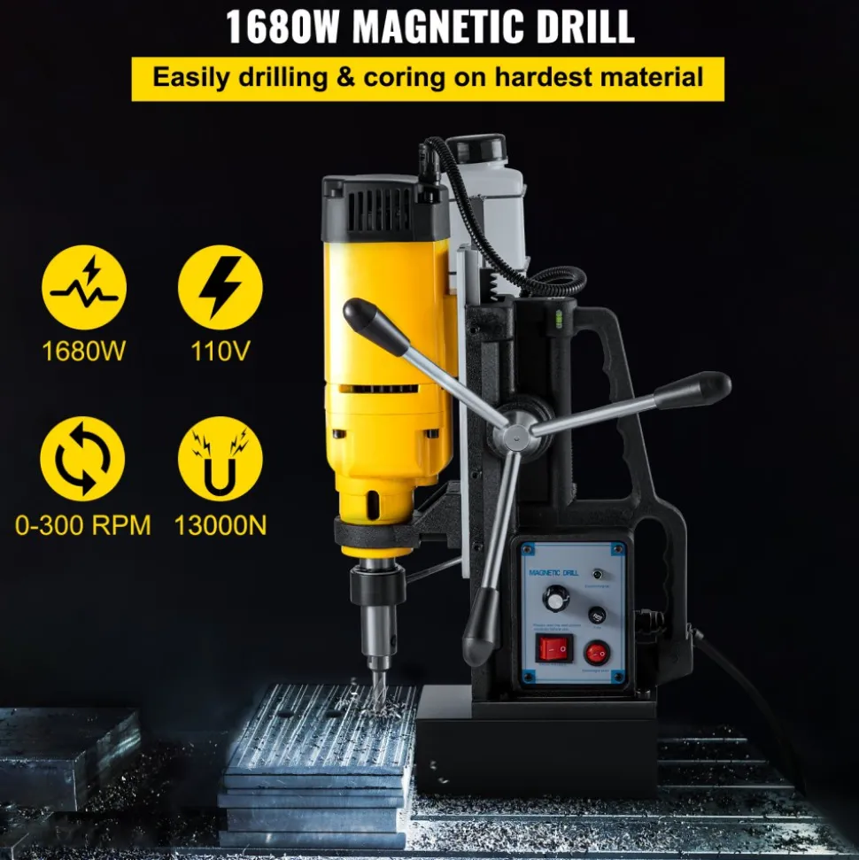 VEVOR Mag Drill, 0-300 RPM Stepless Speed Electromagnetic Drill Press, 2" Depth 2" Dia Magnetic Core Drill, 2922lbf Boring Tool Drill Press, 1680 Watts Drill Press, Yellow and Black Drill Machine