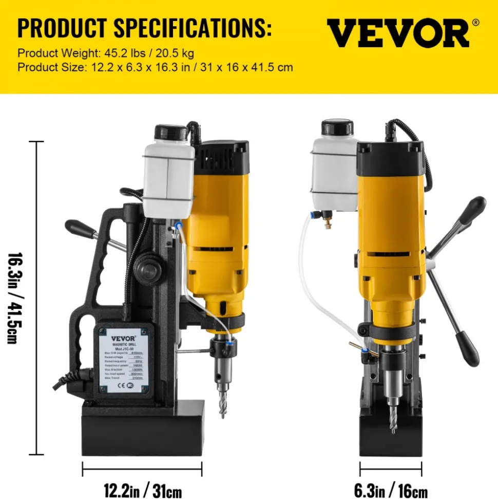 VEVOR Mag Drill, 0-300 RPM Stepless Speed Electromagnetic Drill Press, 2" Depth 2" Dia Magnetic Core Drill, 2922lbf Boring Tool Drill Press, 1680 Watts Drill Press, Yellow and Black Drill Machine