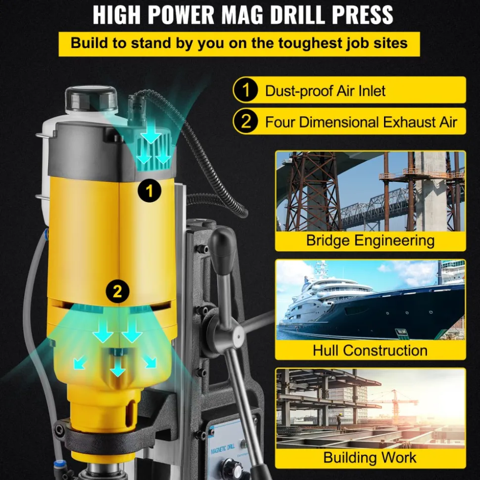 VEVOR Mag Drill, 0-300 RPM Stepless Speed Electromagnetic Drill Press, 2" Depth 2" Dia Magnetic Core Drill, 2922lbf Boring Tool Drill Press, 1680 Watts Drill Press, Yellow and Black Drill Machine