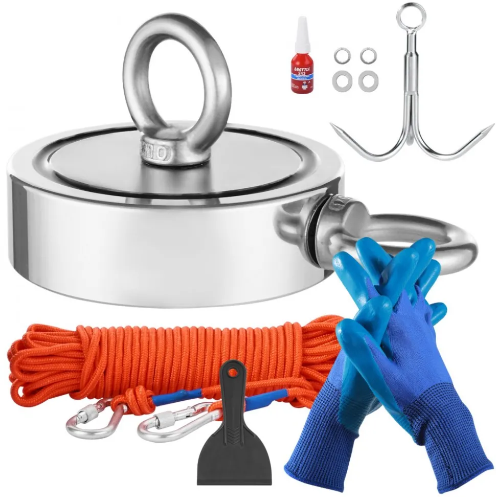 VEVOR Magnet Fishing Kit, 1700 LBS/771 Kg Double-Sided Pulling Force Strong Magnet Fishing Kit, Rare Earth Neodymium Magnetic Fishing Kit Includes Grappling Hook, Heavy Duty Rope, Gloves and Eyebolt