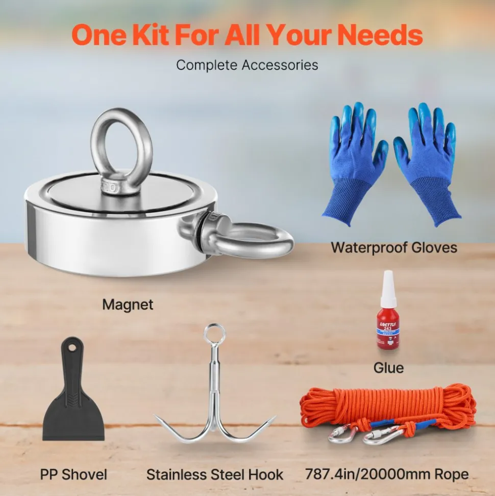VEVOR Magnet Fishing Kit, 1700 LBS/771 Kg Double-Sided Pulling Force Strong Magnet Fishing Kit, Rare Earth Neodymium Magnetic Fishing Kit Includes Grappling Hook, Heavy Duty Rope, Gloves and Eyebolt