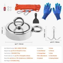 VEVOR Magnet Fishing Kit, 1700 LBS/771 Kg Double-Sided Pulling Force Strong Magnet Fishing Kit, Rare Earth Neodymium Magnetic Fishing Kit Includes Grappling Hook, Heavy Duty Rope, Gloves and Eyebolt