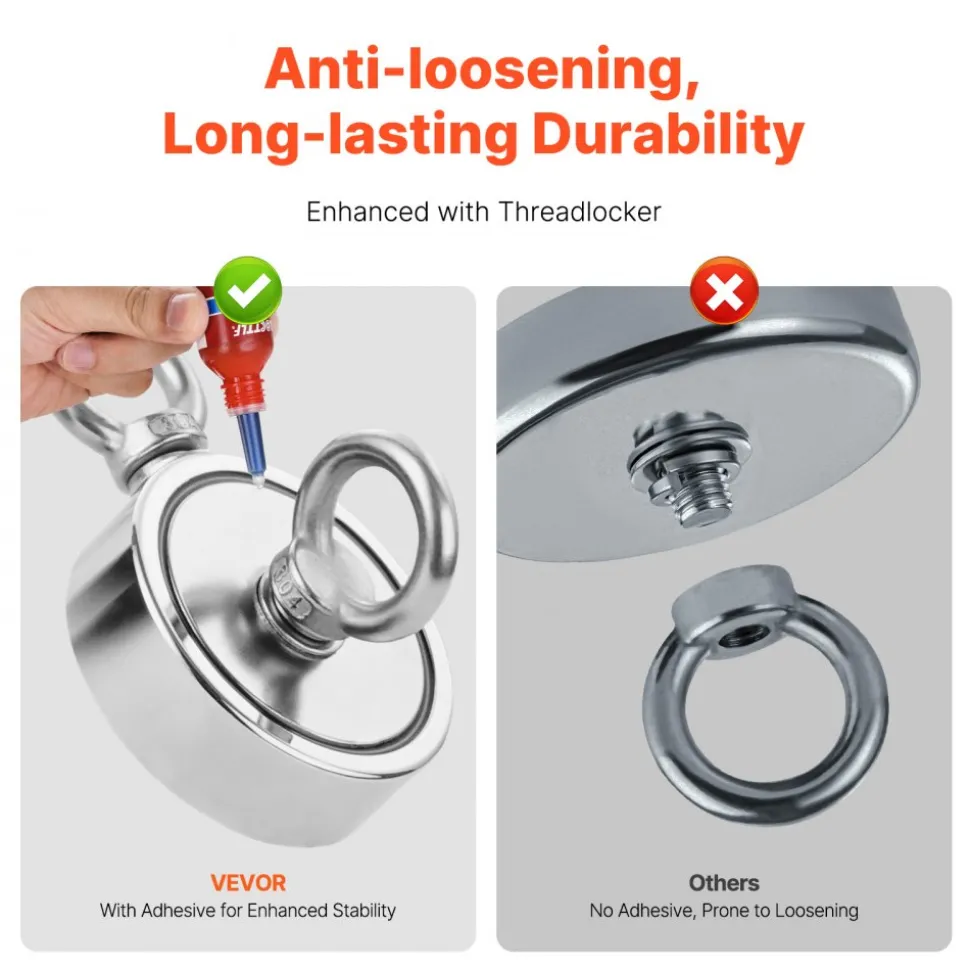 VEVOR Magnet Fishing Kit, 1000 LBS/454 Kg Double-Sided Pulling Force Strong Magnet Fishing Kit, Rare Earth Neodymium Magnetic Fishing Kit Includes Grappling Hook, Heavy Duty Rope, Gloves and Eyebolt
