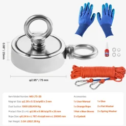 VEVOR Magnet Fishing Kit, 1000 LBS/454 Kg Double-Sided Pulling Force Strong Magnet Fishing Kit, Rare Earth Neodymium Magnetic Fishing Kit Includes Grappling Hook, Heavy Duty Rope, Gloves and Eyebolt