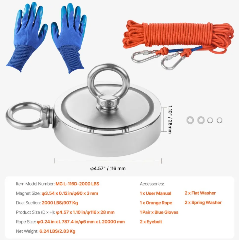 VEVOR Magnet Fishing Kit, 2000 LBS/907 Kg Double-Sided Pulling Force Strong Magnet Fishing Kit, Rare Earth Neodymium Magnetic Fishing Kit Includes Grappling Hook, Heavy Duty Rope, Gloves and Eyebolt