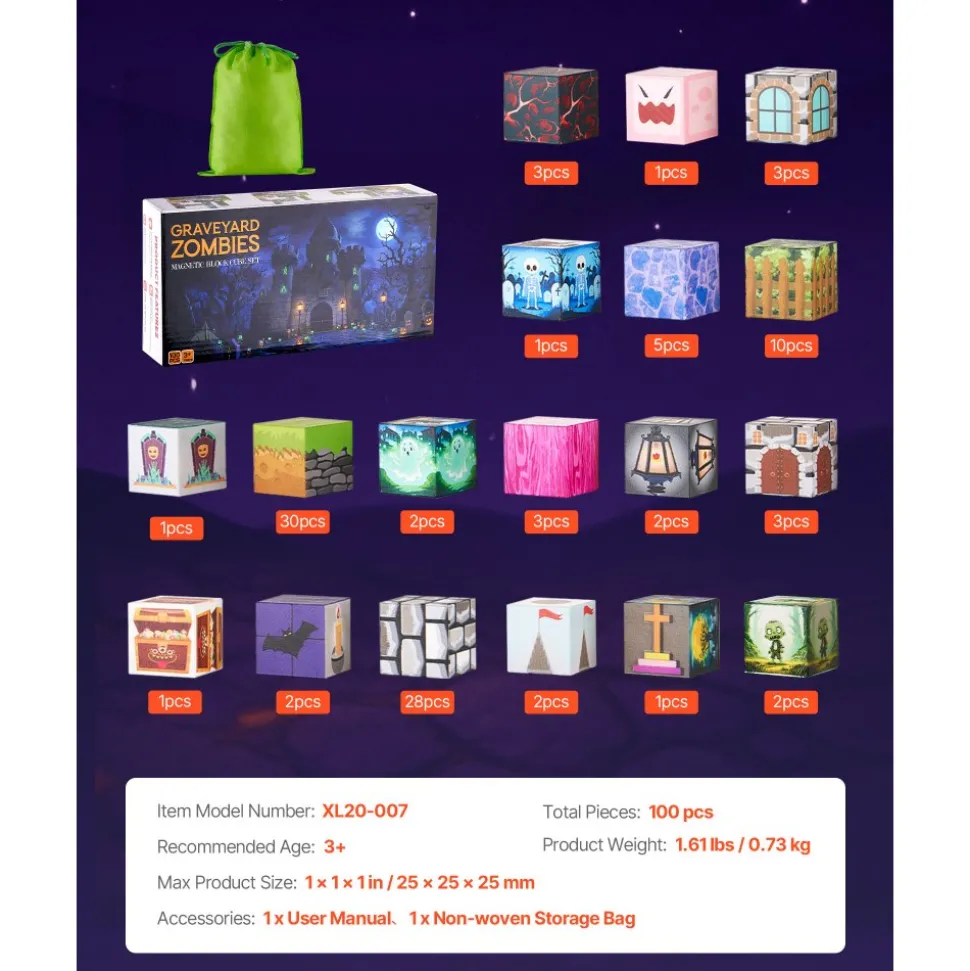 VEVOR Magnetic Blocks, 100 PCS Cemetery Zombies Set, Magnetic Building Cubes for Kids, STEM Montessori Sensory Toys for Christmas Birthday Gift, Construction Stacking Toy for 3+ Years Old Boys & Girls