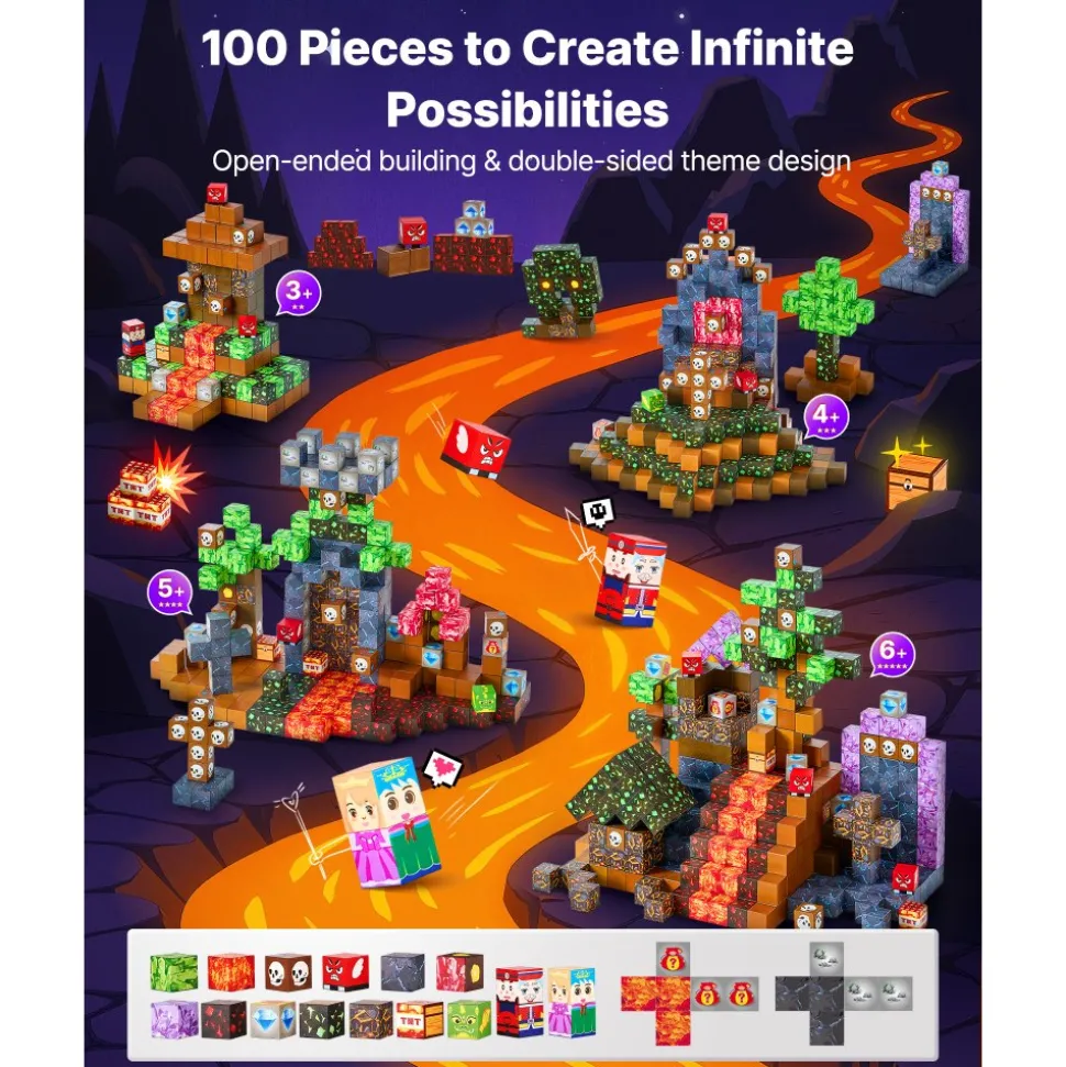 VEVOR Magnetic Blocks, 100 PCS Dark Castle Set, Magnetic Building Cubes for Kids, STEM Montessori Sensory Toys for Christmas Birthday Gift, Construction Stacking Toy for 3+ Years Old Boys & Girls