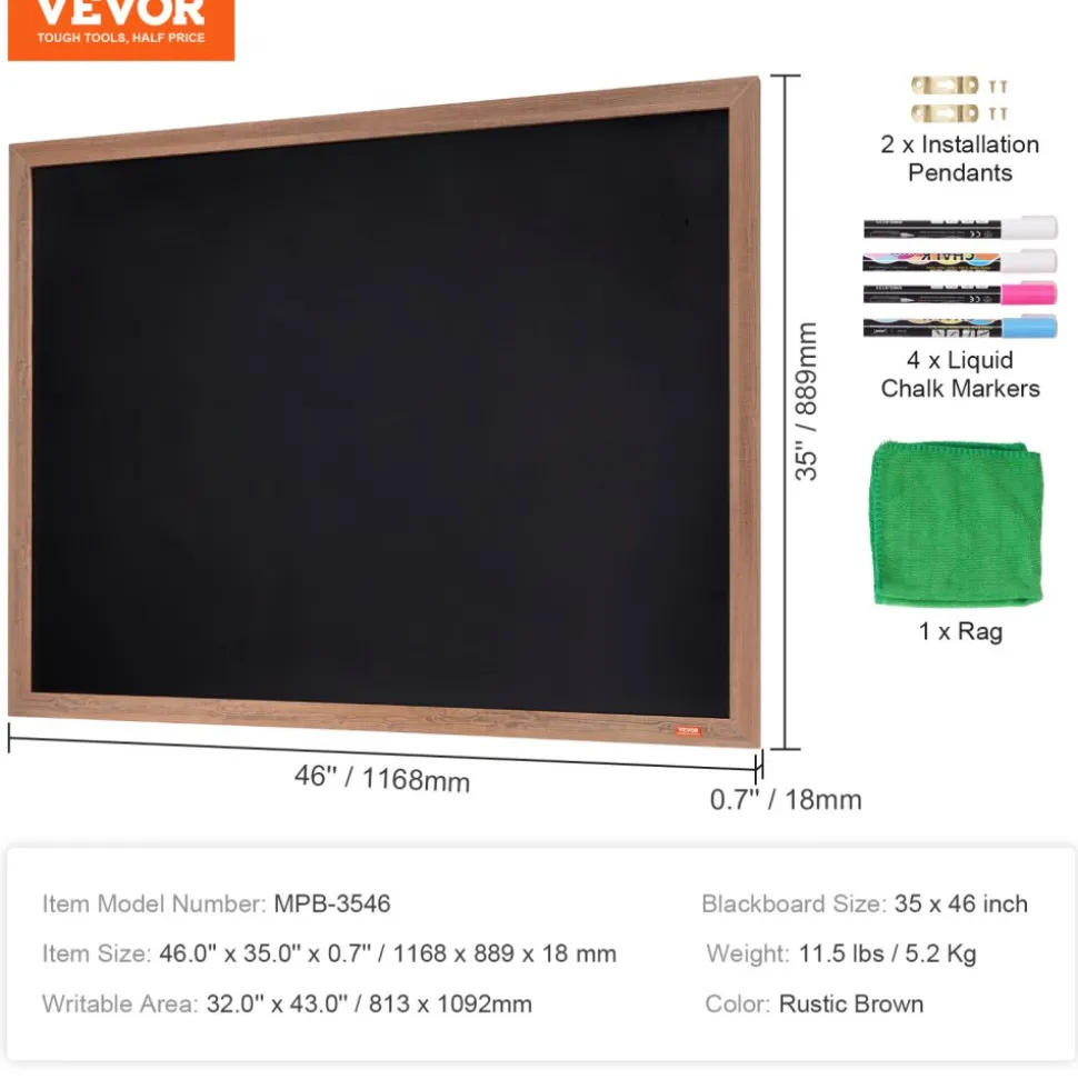 VEVOR Magnetic Chalk Board, Hanging Message Signs with Chalks, Vintage Chalkboard Sign, Rustic Brown Framed Calendar and Bulletin Combo Boards, 35"x46", Kitchen, Home Decor, Wedding