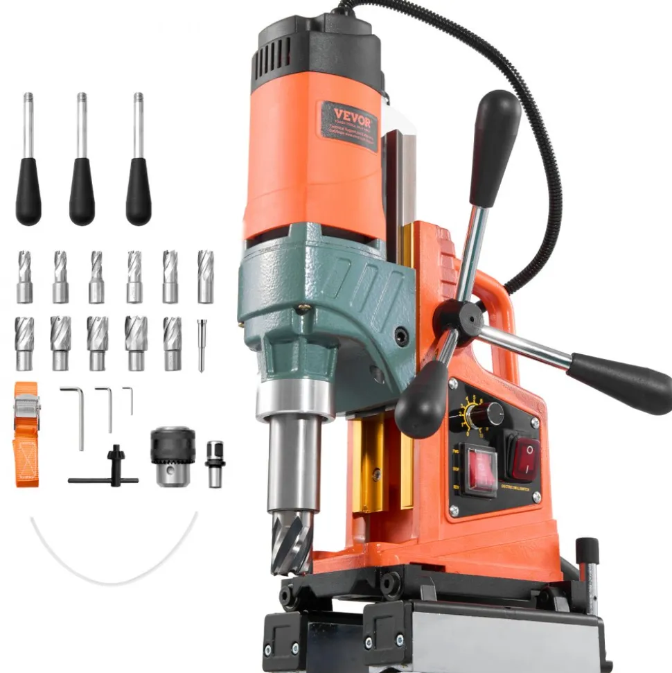 VEVOR Magnetic Drill Press, 1400 W, 2 inch Boring Diameter, 0-750 RPM Speed, Reversible Direction, Mag Drill Press with 11 Core Bits, Electric Drilling Machine for Industrial and Home Improvement