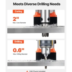 VEVOR Magnetic Drill Press, 1400 W, 2 in Boring Diameter, 2810 lbf Power Portable Mag Drill Press, 0–800 RPM Adjustable Speed, with Weldon Shank, for Metal Surface, Industrial and Home Improvement