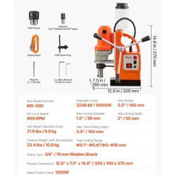 VEVOR Magnetic Drill Press, 1200 W, 1.5 in Boring Diameter, 2248 lbf Power Mag Drill Press, 900 RPM Speed, with Weldon Shank, Efficient Cooling, for Metal Surface, Industrial and Home Improvement