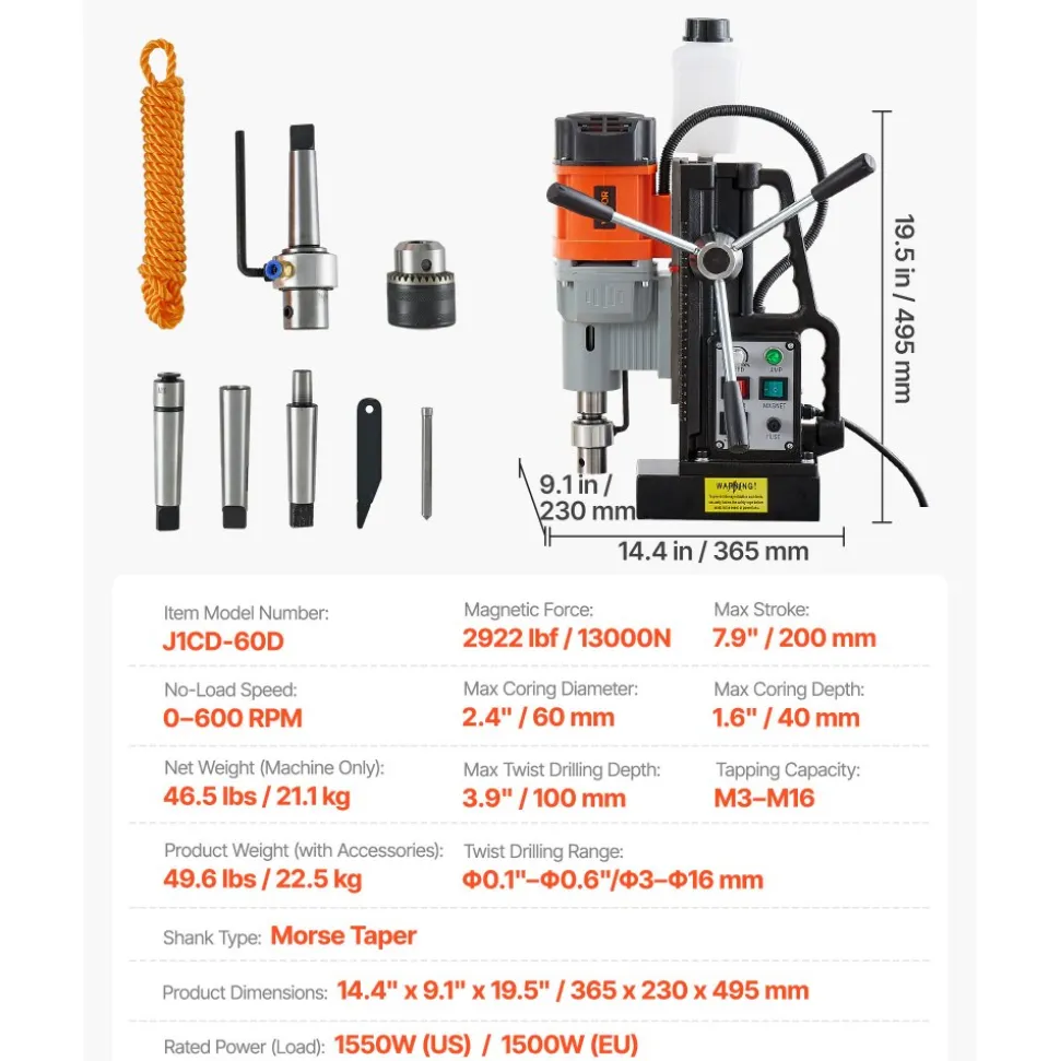 VEVOR Magnetic Drill Press, 1550 W, 2.4 in Boring Diameter, 2922 lbf Power Mag Drill Press, 0-600 RPM Adjustable Speed, Morse Taper, M3-M16 Tapping, for Metal Surface, Industrial and Home Improvement