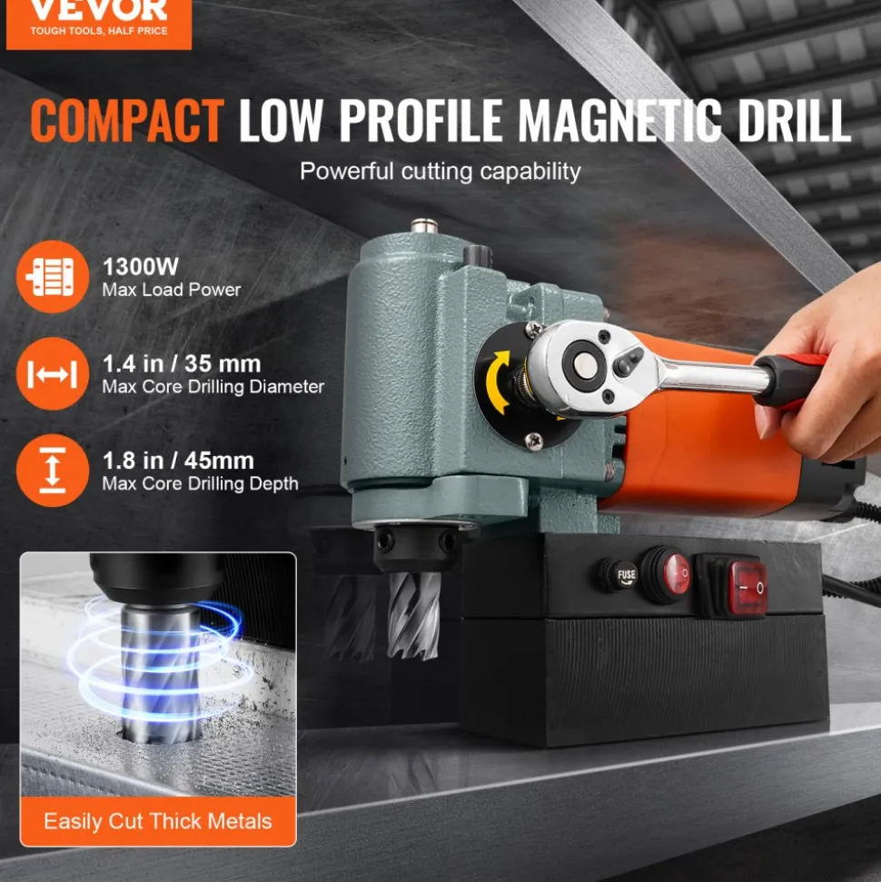 VEVOR Magnetic Drill Press, 1300W Low Profile Mag Drill, Light Weight Portable Mag Drilling Machine with Cooling Device and Overload Protection, Mag Press for Equipment Installation, Industrial