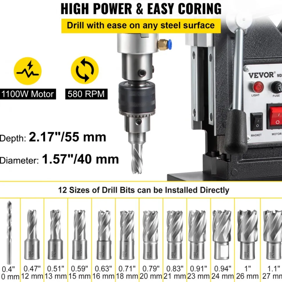 VEVOR Magnetic Drill, 1100W 1.57" Boring Diameter, 2697lbf/12000N Portable Electric Mag Drill Press with 12 Drilling Bits, 580 RPM Max Speed Drilling Machine for any Surface and Home Improvement