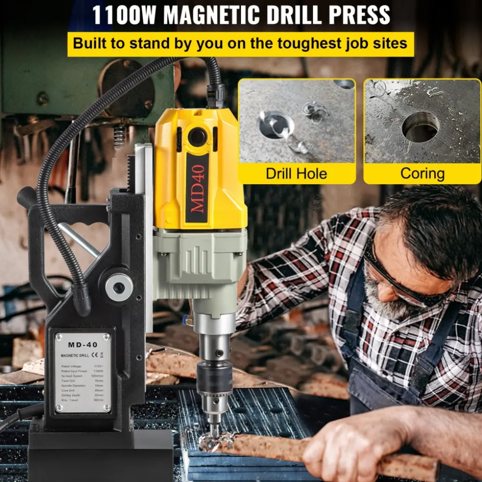 VEVOR Magnetic Drill, 1100W 1.57" Boring Diameter, 2697lbf/12000N Portable Electric Mag Drill Press with 12 Drilling Bits, 580 RPM Max Speed Drilling Machine for any Surface and Home Improvement