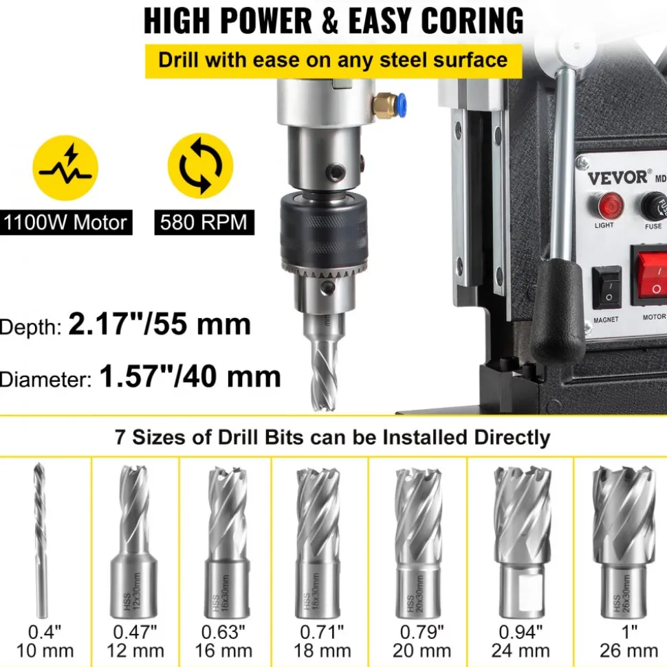 VEVOR Magnetic Drill, 1100W 1.57" Boring Diameter, 2697lbf/12000N Portable Electric Mag Drill Press with 7 Bits, 580 RPM Max Speed Drilling Machine for any Surface and Home Improvement