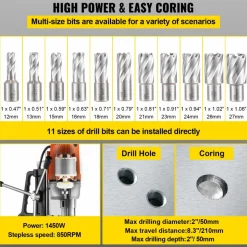 VEVOR Magnetic Drill 1450W Magnetic Drill Press with 2Inch Boring Diameter Annular Cutter Machine 2900 LBS 11pcs HSS Annular Cutter Bits