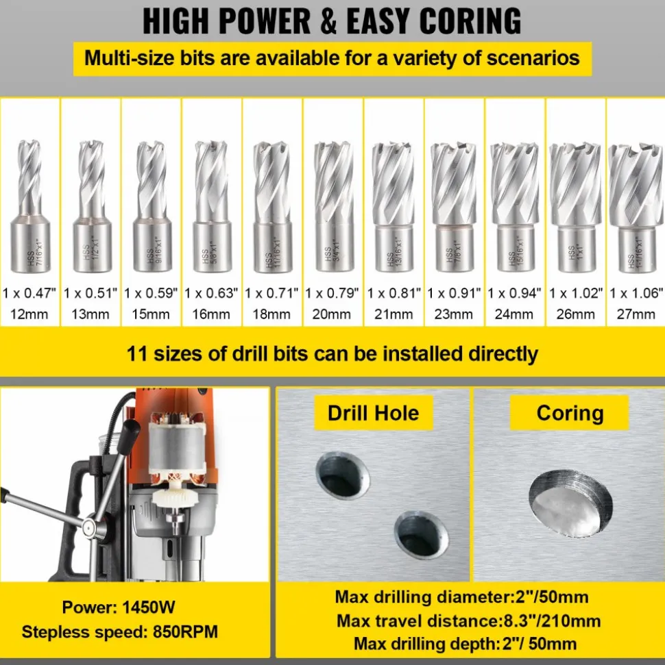 VEVOR Magnetic Drill 1450W Magnetic Drill Press with 2Inch Boring Diameter Annular Cutter Machine 2900 LBS 11pcs HSS Annular Cutter Bits