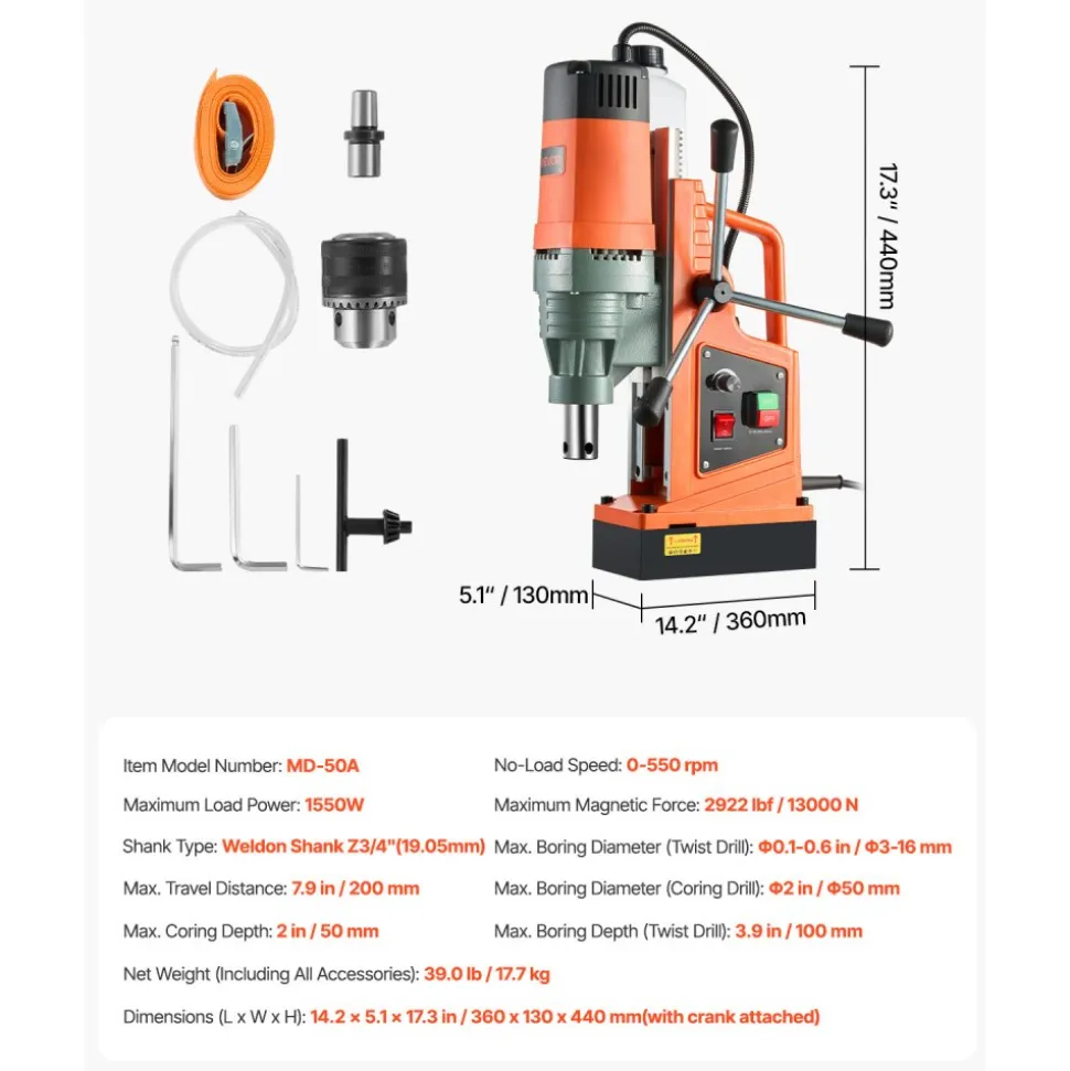 VEVOR Magnetic Drill, 1550W Motor 2 in Coring Diameter, 2922 lbf Magnetic Force, 0-550 RPM Variable Speed, Portable Electric Mag Drill Press Drilling Machine for Metal Surface, Home Improvement