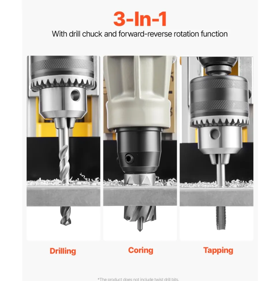 VEVOR Magnetic Drill, 1450W Motor 2 in Boring Diameter, 2878 lbf Electric Mag Drill Press, with 6 Coring Bits, Variable Speed, Drilling Machine for Metal Surface, Home Improvement Industry, Yellow
