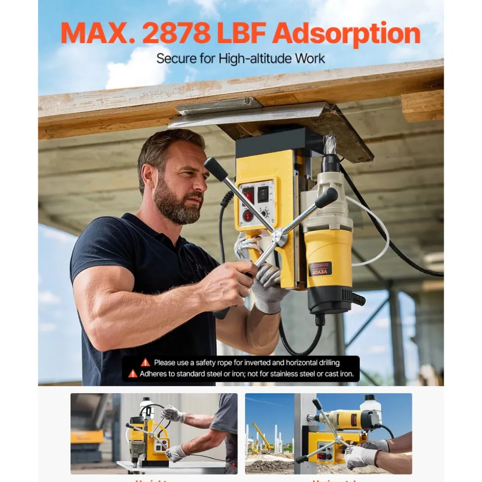 VEVOR Magnetic Drill, 1450W Motor 2 in Boring Diameter, 2878 lbf Electric Mag Drill Press, with 6 Coring Bits, Variable Speed, Drilling Machine for Metal Surface, Home Improvement Industry, Yellow