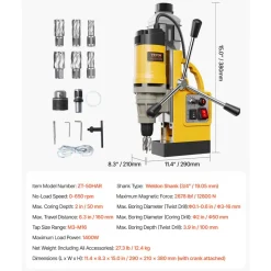 VEVOR Magnetic Drill, 1450W Motor 2 in Boring Diameter, 2878 lbf Electric Mag Drill Press, with 6 Coring Bits, Variable Speed, Drilling Machine for Metal Surface, Home Improvement Industry, Yellow