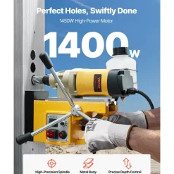 VEVOR Magnetic Drill, 1450W Motor 2 in Boring Diameter, 2878 lbf Electric Mag Drill Press, with 6 Coring Bits, Variable Speed, Drilling Machine for Metal Surface, Home Improvement Industry, Yellow