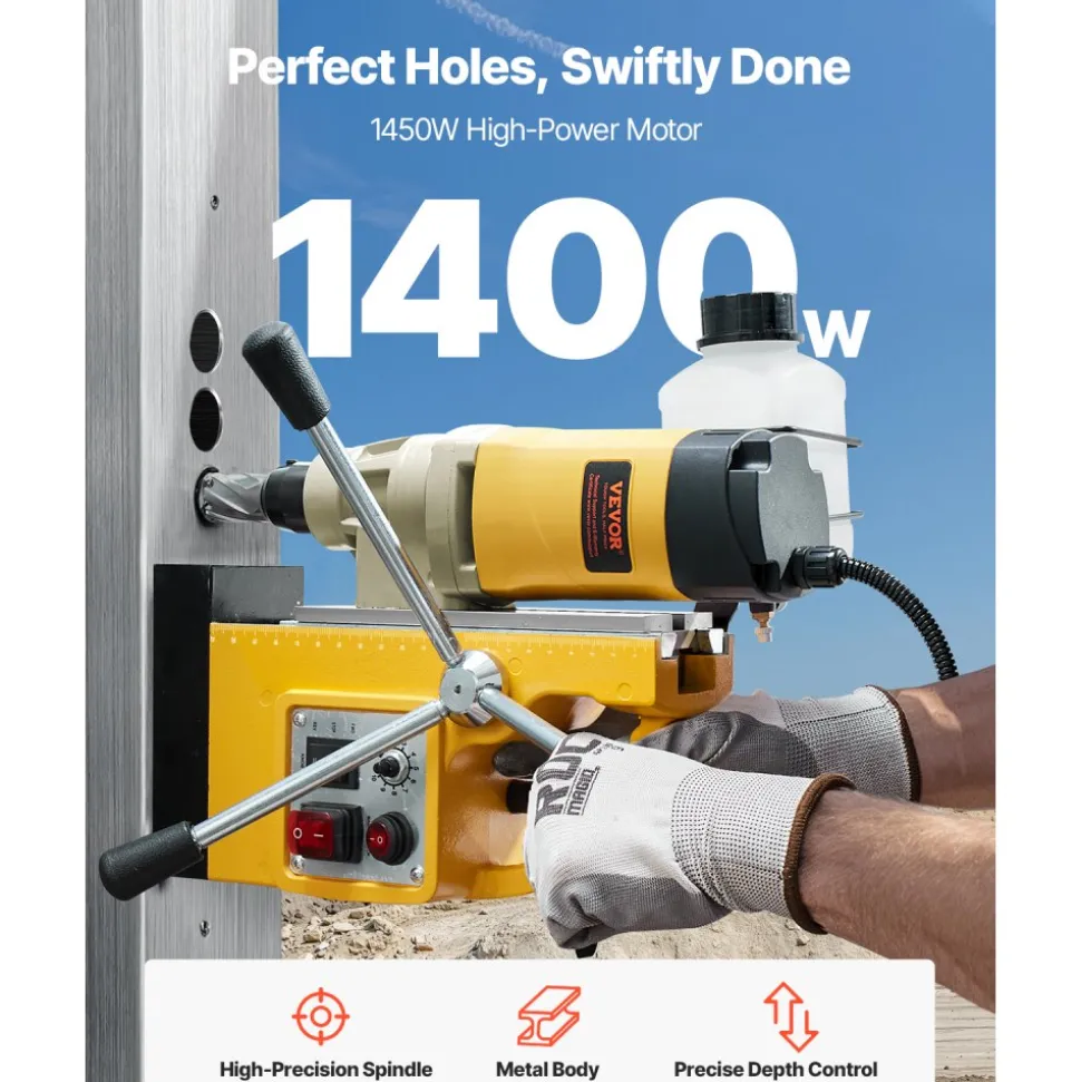VEVOR Magnetic Drill, 1450W Motor 2 in Boring Diameter, 2878 lbf Electric Mag Drill Press, with 6 Coring Bits, Variable Speed, Drilling Machine for Metal Surface, Home Improvement Industry, Yellow