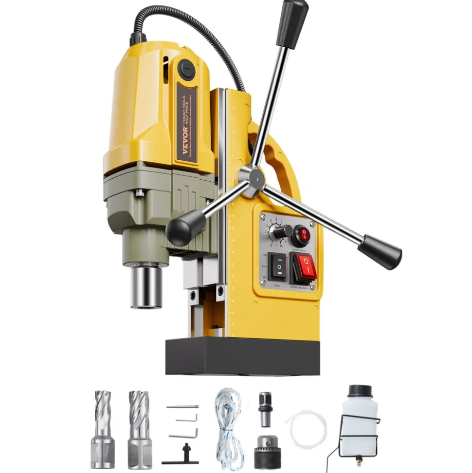 VEVOR Magnetic Drill, 1200W Motor 1.6 in Boring Diameter, 2810 lbf Electric Mag Drill Press, with 2 Coring Bits, Variable Speed, Drilling Machine for Metal Surface, Home Improvement Industry, Yellow