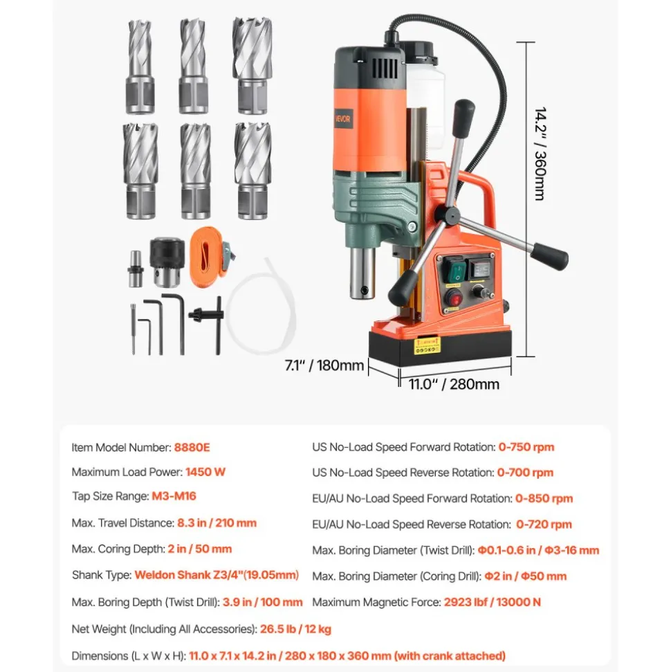 VEVOR Magnetic Drill, 1450W Motor 2 in Coring Diameter, 2922 lbf Magnetic Force, Portable Electric Mag Drill Press with 6 Coring Bits, Variable Speed, Drilling Machine for Metal Surface, Industrial